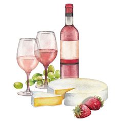 a watercolor painting of wine, cheese and strawberries on a white background stock photo