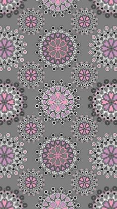 a gray and pink flower pattern with black dots