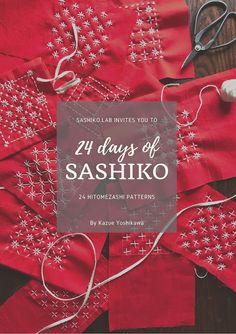 the cover of 24 days of sashiko, featuring red fabric with white thread and scissors