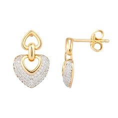 Add a sparkling touch to your outfit with these beautiful gold plated diamond heart drop earrings. Click on this JEWELRY & WATCHES GUIDE to learn about fit, styles, materials and more! FEATURES Dimensions: 19mm x 10mm Backings: push back Metal: sterling silver Plating: 14k gold Finish: polished Packaging: boxed Imported Nickel safeDIAMOND DETAILS Total weight: 1/4 ct. Color grade: I-J Clarity: I2-I3 Shape: round Setting: micro prong Diamond weights are approximate. Diamond Total Weights may vary Gold Luxury Heart Earrings For Formal Occasions, Luxury Gold Heart Earrings For Formal Occasions, Luxury Heart-shaped Drop Earrings For Anniversary, Yellow Gold Heart-shaped Diamond Earrings, Heart-shaped Diamond Earrings In Yellow Gold, Yellow Gold Diamond Double Heart Earrings, Heart-shaped Yellow Gold Diamond Earrings, Luxury Double Heart Earrings For Formal Occasions, Formal Yellow Gold Double Heart Earrings