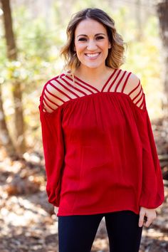 Red Top W/ Strap Shoulder Detail – The Teal Eagle Boutique Date Night Edgy Fashion Fashion Inspiration Striped Maxi, Red Top, Knitted Tank Top, Knit Tanks