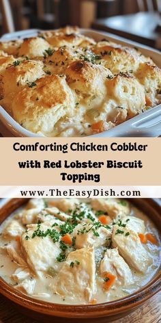 two pictures of chicken cobbler with red lobster biscuits and toping in a bowl