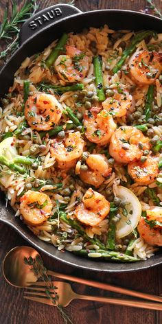 Lemon Shrimp Orzo with Asparagus - in a cast iron pan. Shrimp And Asparagus Orzo Recipes, Lemon Shrimp Orzo With Asparagus, Shrimp And Capers Pasta, Lemon Orzo Pasta With Shrimp, Lemon Orzo Shrimp Asparagus, Shrimp Asparagus Orzo Recipes, Shrimp With Orzo Recipes, Shrimp And Orzo Recipes, Shrimp Orzo Recipes