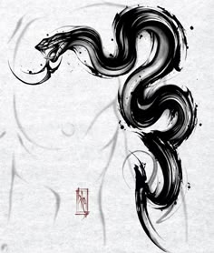 a black and white drawing of a snake on paper with ink splatters around it