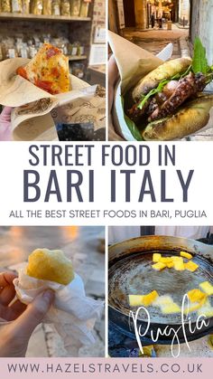 four photos of street food in Bari old town, with text which reads Street Food in Bari, italy (Puglia) by Hazel's Travels. Rome Street Food, Italy Street Food, Food In Italy, Rome Streets, Italian Street Food, Europe Holiday, Rome Food