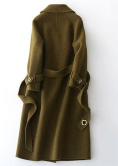 Chic Long Green Outerwear, Green Outerwear With Belted Cuffs And Long Sleeves, Green Long Sleeve Outerwear With Belted Cuffs, Green Long Outerwear For Workwear, Green Long Outerwear For Work, Green Belted Long Coat, Winter Green Belted Outerwear, Green Solid Color Outerwear For Office, Green Long Coat For Office