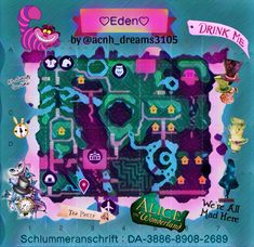 the map for alice and the neverland kingdom is shown in pink, blue, and green