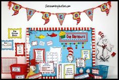 dr seuss and the cat in the hat bulletin board with red, white and blue decorations