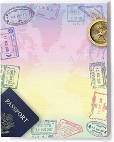 passport, passport stamps and a compass on top of a piece of paper with the world map in the background