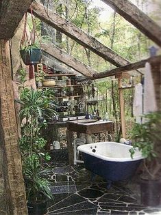 an old bathtub in the middle of a room with plants growing on it's sides