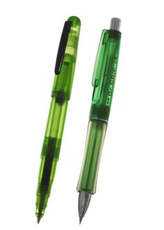 two green pens with black ink on them