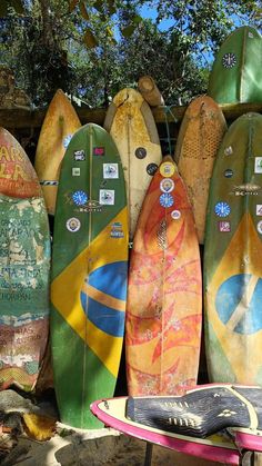 several surfboards are lined up against a wall