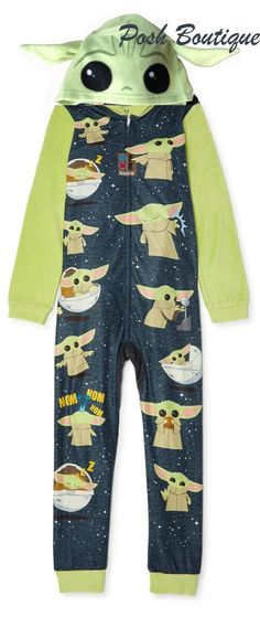 Baby Yoda Hooded Union Suit Description Very hard to find costume style pajamas with 3D Baby Yoda features on hood!  This would make a great costume! This is such a cute pair of pajamas. Your little one can pull up the hood and pretend to be Baby Yoda. Perfect for lounging, gaming, playtime, costume wear or sleeping.  This is a must have for your little Star Wars fan!   Officially Licensed Star Wars. This is Boy's Size 6-7.  Would be great for girls too! Brand new with tags in sealed catalog bag Knit Onesie, Halloween Costume Suit, Blanket Sleeper, Union Suit, Star Wars Yoda, Star Wars Baby, One Piece Pajamas, Kids Clothes Boys, Boys Pajamas