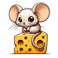 a cartoon mouse sitting on top of a piece of cheese with holes in the middle