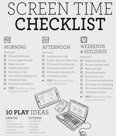 the screen time checklist is shown in this black and white poster, with text on it