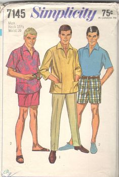 "Simplicity 7145; Men's Shirt and Pants in Two Lengths: The shirt with side slits has collar, pockets and set-in sleeves. V. 2 pockets are optional. Pants with fly front zipper has top-stitched side pockets, back buttoned pocket, waistband and belt carriers. Copyright 1967 Chest: 40 Waist: 36 Neck: 15 1/2 This pattern is partially cut and is complete. There is a 3\" edge-tear on one piece that can be fixed with tape.The envelope has tattering. Click on other envelope images for additional patter 60s Male Fashion, 60s Men, Mens Sewing Patterns, Fashion 1960s, Look Retro, Patterned Jeans, Vintage Mens Fashion, Motif Vintage, Couture Vintage