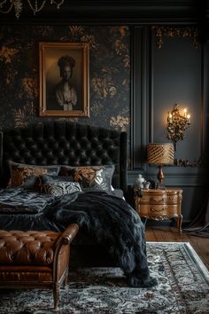 the bedroom is decorated in black and gold with an ornate headboard, fur rugs,