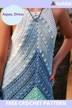 a woman wearing a blue and white crochet top with the words aqua, dress on