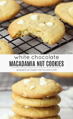 white chocolate macadamia nut cookies are stacked on top of each other and have been cut in half