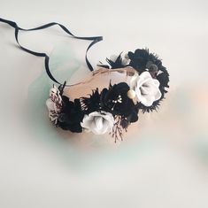 A unique black and white flower crown made from delicate handmade roses and peonies. This black flower wreath can make any girl look special! It's perfect for your Halloween wedding, Gothic or alternative wedding, or an unforgettable prom. Check out this stunning black and purple flower crown from my store:   https://cozystoreua.etsy.com/listing/1398645858 STANDARD CROWN SIZING:  - Adult - 18" (45cm) - as pictured  - Child - 16" (40cm) - is shorter but with the same flower arrangement (please leave a note if you need a custom sizing) Adjusted slightly with ribbons, it's made to fit comfortably on your head. SIZE of corsage approximately: - width - 3.15" (8 cm) - length - 3.9" (10cm) Has beautiful black lace ribbons. Easy to wear. SIZE of boutonniere: approximate 4.5" (12 cm) tall. Elegant Crown Black And White, Black Flower Crown, Corsage And Boutonniere Set, White Flower Crown, Bridal Hairpiece, Crown Black, Corsage And Boutonniere, Headband Black, Black And White Wedding