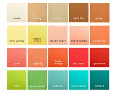 the color chart for different shades of orange, yellow, red, green and blue