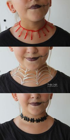 three different views of a woman's face with spider webs on her neck