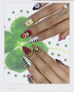 Smiling Friends Nails, Silly Nail Designs, Maximalist Nails Short, Beabadoobee Nails, Paul Frank Nails, Daria Nails, Twee Nails, Fnaf Nails, Retro Nail Designs