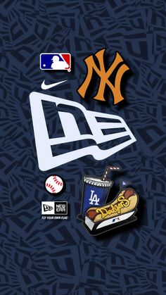 the new york yankees and los angeles dodgers logos are depicted on a blue wallpaper