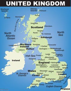 a map of the united kingdom with all its major cities and towns on it's sides