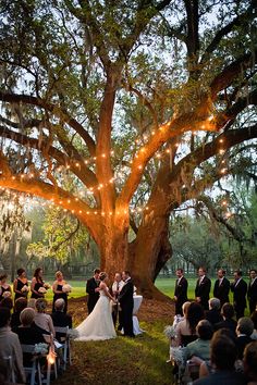 a bride and groom standing under a large tree at their outdoor wedding ceremony with string lights hanging from the branches