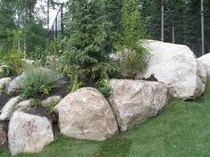 a large rock wall in the middle of a grassy area with trees and bushes behind it