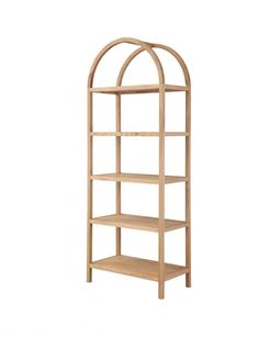 a wooden shelf with three shelves on each side and an arched design at the top