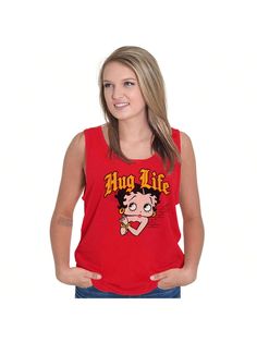 Funny Betty Boop Cartoon Hug Life Tank Top Tee Shirt Women Red Casual   Fabric Animal,Cartoon,Figure,Letter Tank Medium Stretch  Women Clothing, size features are:Bust: ,Length: ,Sleeve Length: Red Cotton Top With Cartoon Print, Red Character Print Top, Funny Red Tops With Letter Print, Red Funny Tops With Letter Print, Red Casual Top With Funny Print, Casual Red Top With Funny Print, Casual Cotton Tank Top With Character Print, Casual Red Tank Top With Graphic Print, Cute Red Cotton Tank Top