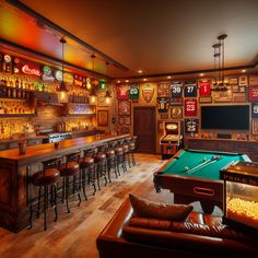 Discover the ultimate man cave boasting a rustic mahogany bar, a cozy TV corner with leather seating, game amenities including pool and foosball tables, a dartboard, a vintage jukebox and a popcorn machine. Personal touches adorn the space with framed jerseys and neon bar signs. #ManCave #HomeBar #GameRoom #SportsDen #RusticDesign #HomeEntertainment Rustic Man Cave Ideas, Cabin Bar, Rustic Man Cave, Resort Cabins, Man Cave Basement, Diy Outdoor Bar