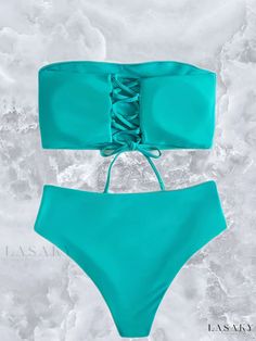 Lasaky - Lake Blue Lace Up Bandeau 2 Piece Set Bikini: Chic Solid Color High Waist Swimsuit for Beach, Pool and Bathing. Trendy Womens Swimwear & Clothing. Blue Bandeau Swimwear For Vacation, Bandeau Tankini For Beach Season And Pool, Strapless Swimwear For Pool And Beach Season, Strapless Tankini For Beach Season Vacation, Strapless Swimwear For Beach Season, Green Bandeau Tankini For Beach, Green Bandeau Tankini For Vacation, Strapless Tankini For Pool And Beach Season, High Waist Swimsuit