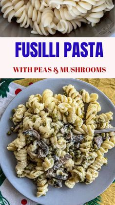 Easy fusilli pasta with peas and creamy mushroom sauce. Delicious homemade dinner recipe with Italian pasta and cream, precooked peas and brown button mushrooms. Perfect on a busy workday. Vegetarian. Kid-friendly.