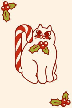 a drawing of a cat with holly and candy canes