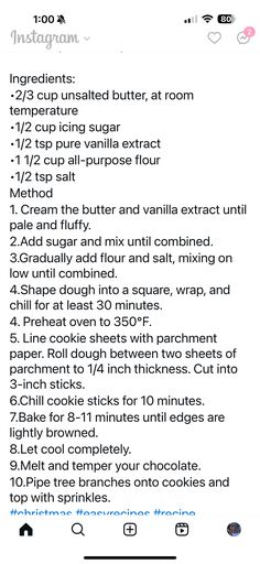 an instagram with the recipe list for cookies