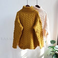 Lasaky - Premium Knit Sweater with Thickened High Neck, Twisted Rope Design, Vintage Loose Fit, and Knitted Texture Long Sleeve Soft Knit Acrylic Sweater, Yellow Knit Top For Winter, Winter Knitted Acrylic Sweater, Winter Yellow Knit Top, Acrylic Soft Knit Pattern For Fall, Knitted Long Sleeve Outerwear, Knitted Long Sleeve Yarn Outerwear, Casual Yarn Sweater For Fall, Casual Fall Sweater In Yarn