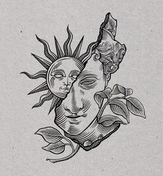 a drawing of a sun and a woman's face with leaves on it, in black ink