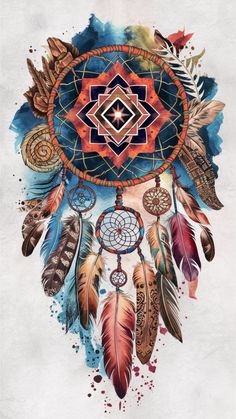 a drawing of a dream catcher with feathers on it's side and an arrow in the center