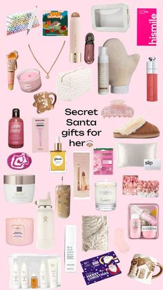 there are many different items on the pink background, including soaps and lotions