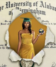 a woman in a graduation cap and gown holding a globe on top of a diploma