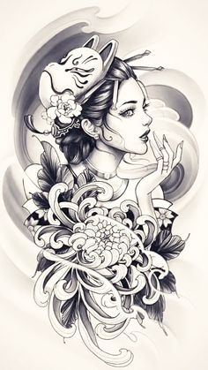 a drawing of a woman with flowers in her hair and a bird on her head