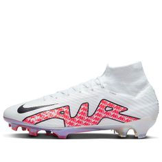 the nike meron fg soccer shoe is white with pink and black details on the upper