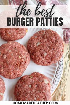 hamburger patties on a plate with text overlay