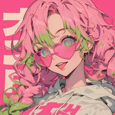 an anime character with pink hair and glasses