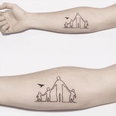 two arm tattoos with an image of a family holding hands