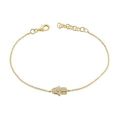 Embrace protection and elegance with this stunning 14K Gold Hamsa Chain Bracelet. The delicate chain showcases a beautifully crafted Hamsa charm, a symbol of good fortune and protection, adorned with shimmering diamonds totaling 0.12 carats. The brilliant diamonds enhance the charm's intricate design, adding a touch of sparkle and sophistication. Perfect for daily wear or special occasions, this bracelet features a secure clasp for a comfortable and worry-free fit. Whether as a meaningful gift o Elegant Diamond Bracelets With Charms, Elegant Diamond Charm Bracelets, Adjustable Gold Charm Bracelet With Evil Eye, Hamsa Bracelet Evil Eye, Cheap Gold Evil Eye Hand-strung Bracelet, Hamsa Bracelet Gold, Bohemian Gold Evil Eye Bracelet Hand-strung, Bracelet With Diamonds, Tennis Jewelry