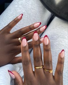 French Red Almond Nails, Red Tips Almond Nails, Cherry Tip Nails, Red Tip Acrylic Nails Almond, Deep Red French Tip Nails Almond, Almond Nails Colored French Tip, Almond Burgundy French Tip Nails, Red French Tip Manicure, Deep Red Tip Nails